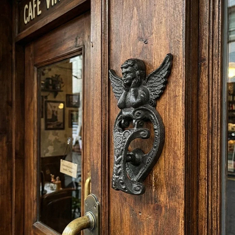 Nordic Cast Iron Angel Door Knocker Ironwork Door Pull Garden Home Decor Wall Hanging Café Bar Entrance Handle Doorknocker