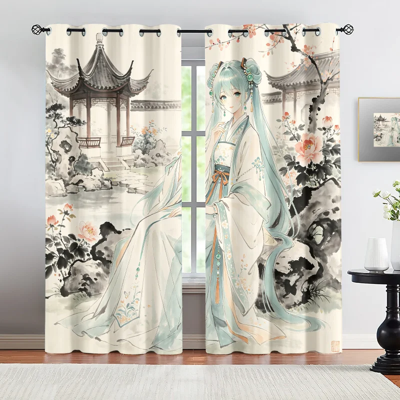 2Pcs Hatsune Miku Hanfu Style Blackout Curtains Ink Wash Anime Window Drapes Fans Room Ancient Style Enthusiast Room Decor Gift