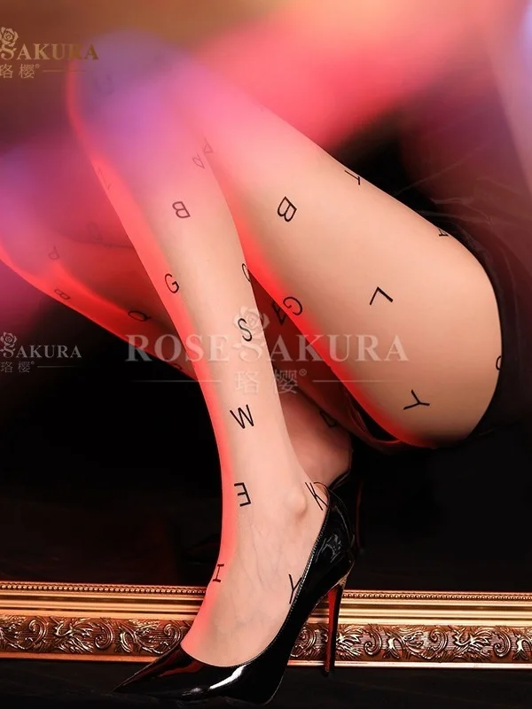 

Fashion Sexy High Waisted Open Crotch 26 Large Letter Printed Silk Stockings Women High Elastic Ultra Thin Pantyhose 1GZG