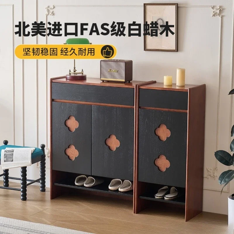 Mueble auxiliar de comedor de madera maciza de fresno retro francés, mueble de entrada en el vestíbulo, negro, almacenamiento medieval