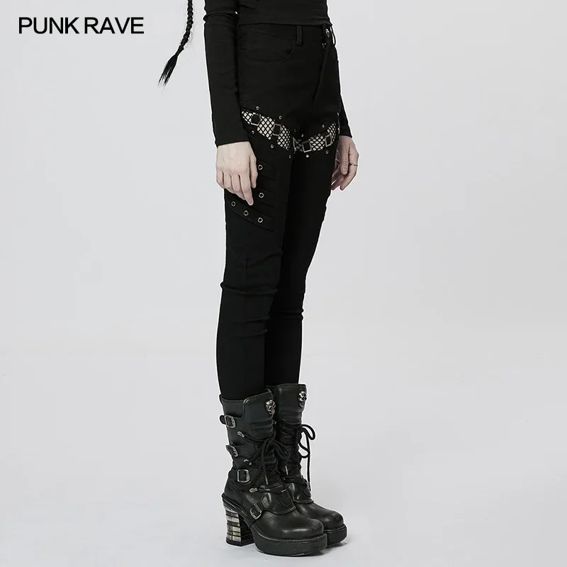 PUNK RAVE Women's Punk Sexy Tight Long Pants Daily Mesh Cloth Hollow Out Splice Women Trouser Spring/autumn Streetwear