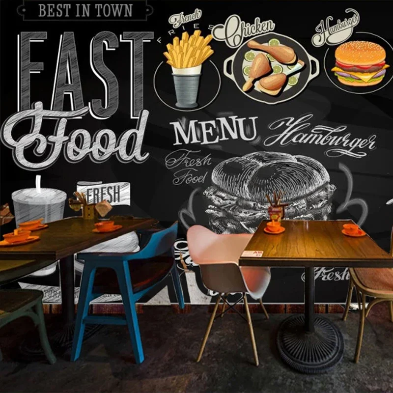 Custom Mural Wallpaper Blackboard Hand Painted Hamburger Fried Chicken Poster Delicious Fast Food Shop Restaurant Wall Painting