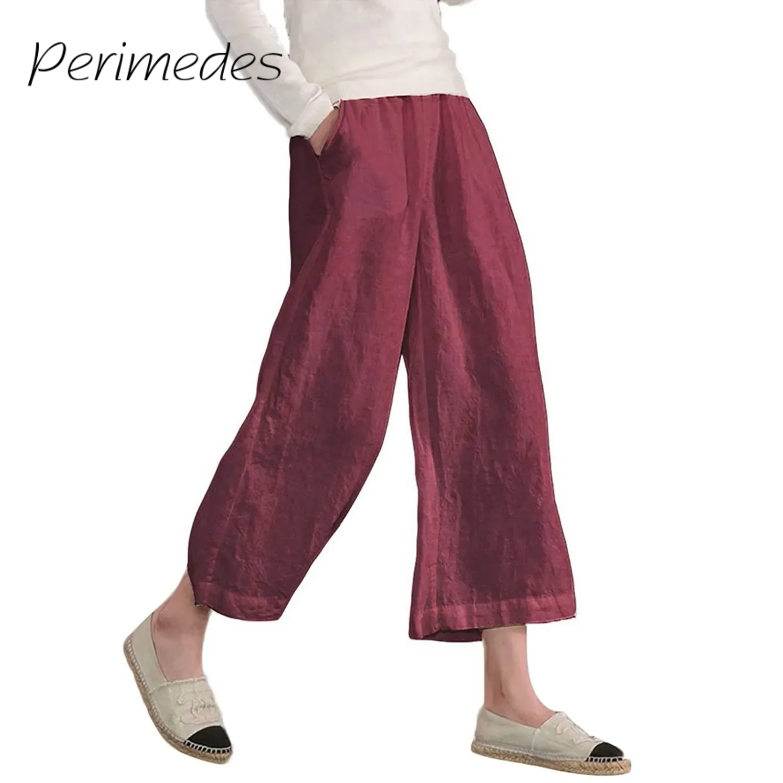 

Women'S Loose Wide Leg Ninth Pants Casual Basic High Elastic Waist Pants Cotton Linen 2024 Summer New Fashionable Trousers