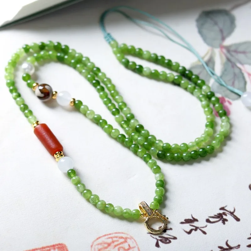 Handwoven Green Chalcedony Universal Pendant Cord Elegant French Style Lanyard for Hanfu Horse Face Skirt Women Gifts