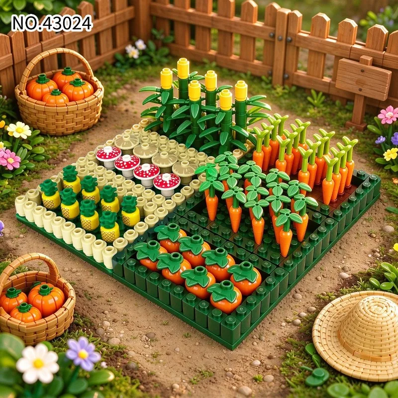 12 Happy Farm Plant Model Vegetables Pineapple Mushroom Radish Pumpkin Corn Garden Building Block Toys