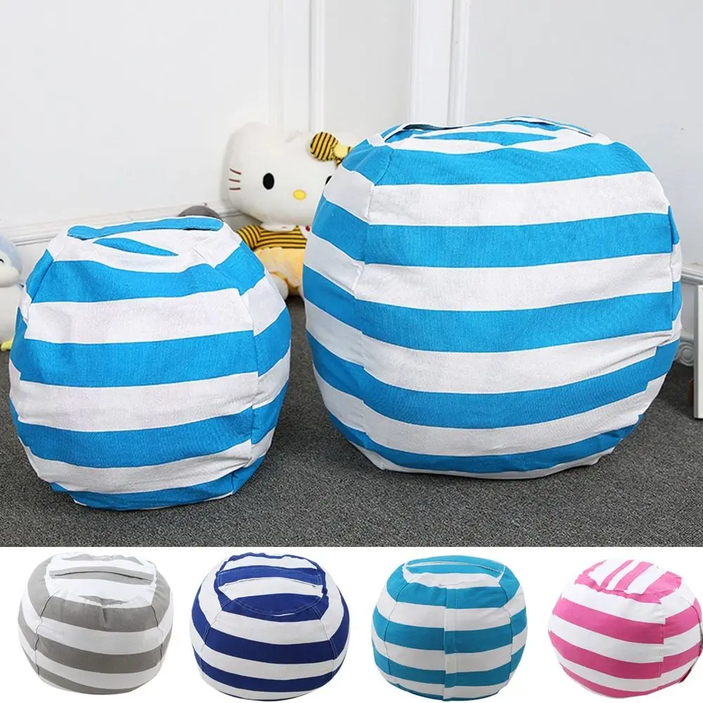 

Multi-purpose Canvas Toys Storage Bean Bag Stripe Round Plush Toy Organizer Stuffable Zip Animal Toys