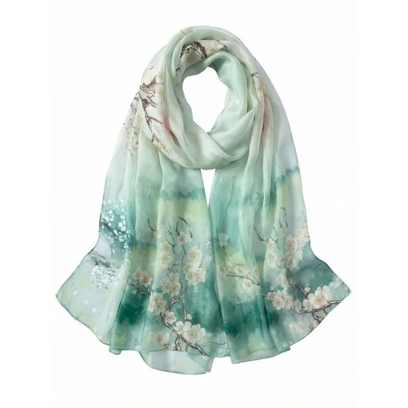 

Lightweight 100% Mulberry Silk Chiffon Scarf for Women Oblong Shawl Neck Scarf Beach Wrap Headscarf Gift Pack Green Plum Blossom