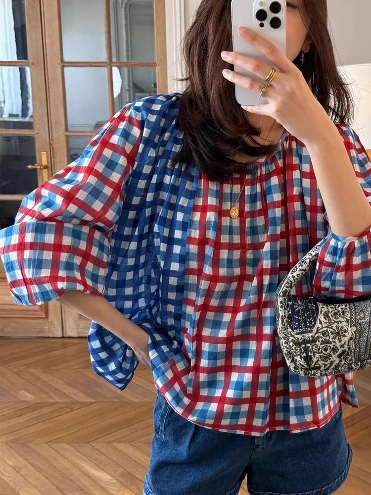 Французская модная винтажная рубашка с длинным рукавом, женская сине-красная клетчатая лоскутная блузка Babydoll с пышными рукавами, повседневные топы Y2K, уличная одежда