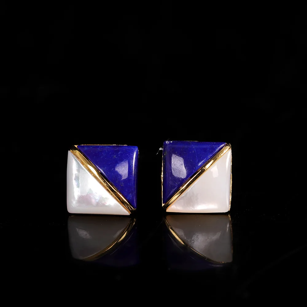 BOCAI NEW S925 Sterling Silver Fashionable And Luxurious Gold-plated Inlaid With Lapis Lazuli Shells Earrings Women's Gift