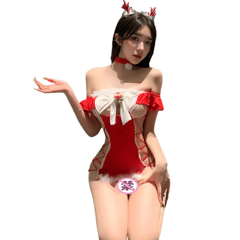 Christmas Sexy Cosplay Lingerie Women Christmas Dress for Couples Red Bell-adorned and Playfully Provocative Porno Bar Uniform