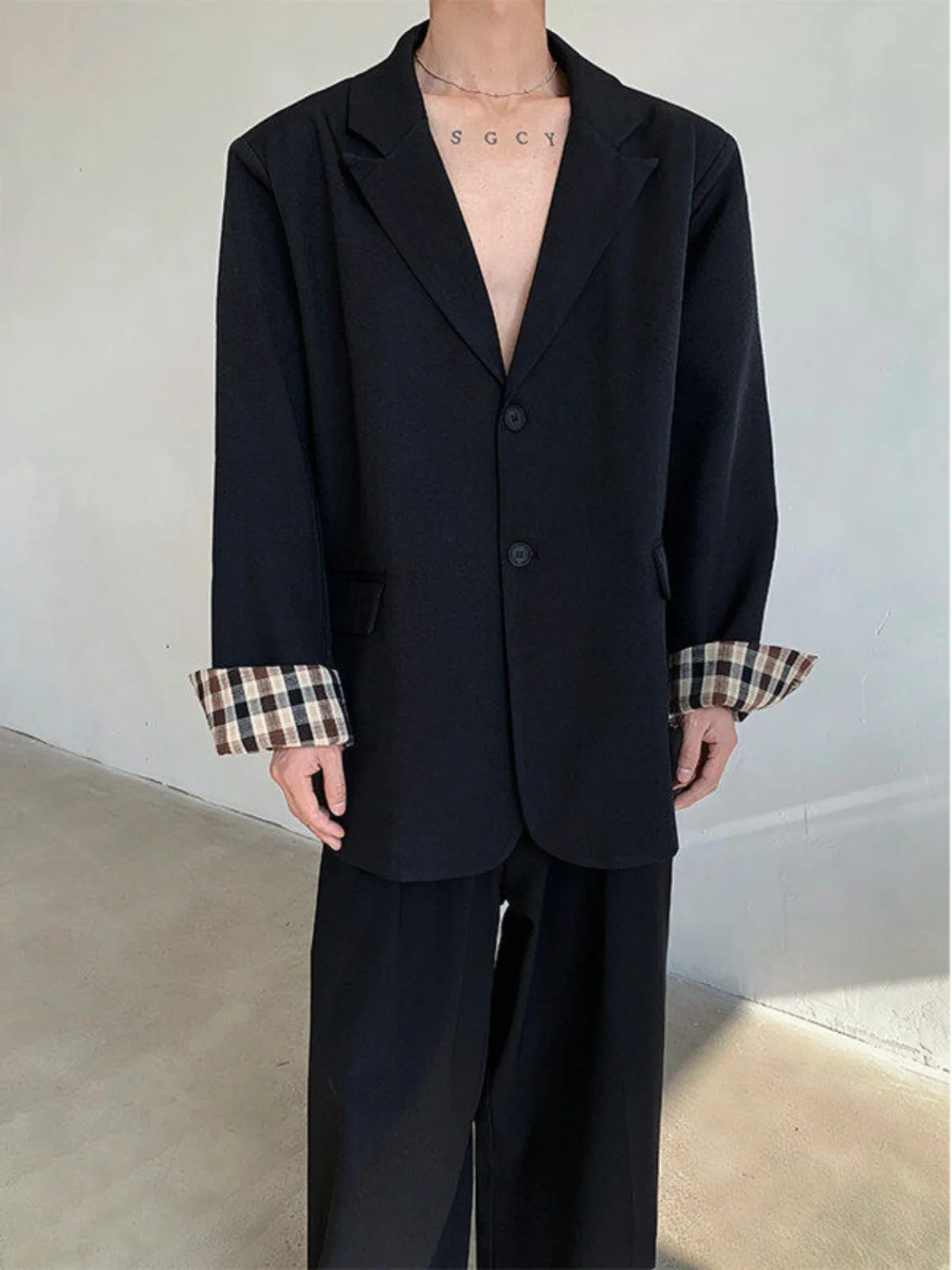 

Loose Casual Men's Suit Jaet Korean Sle Plaid Sve Design Spring Autumn Simple Elegance Trendy Long Sve Two Button