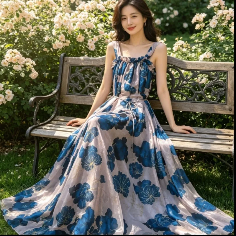 Ultra Thin Smooth Silky Printed Suspender Skirt Soft Glossy Plus Size Sissy Sleeveles Large Swing Dress Vacation Couple