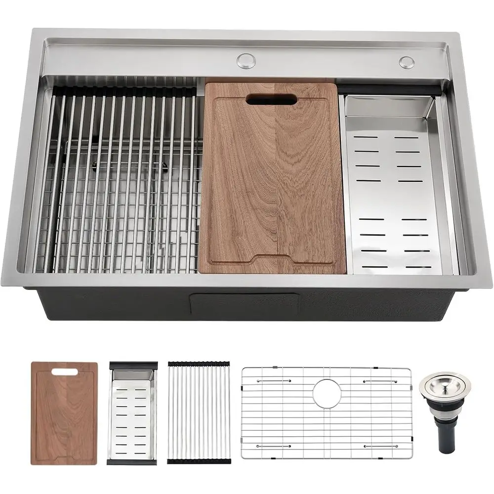 

33 Inch Kitchen Sink Drop In Splash Guard Workstation, 33x19 Drop In Kitchen Sink StainlSteel Top Mount 16 Gauge 10" Deep Rounde