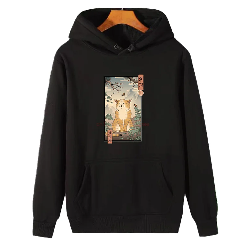 

Japanese Fashion Street Huge Cat Graphic Hooded Sweatshirts Winter Essentials Pullovers Thick Sweater Hoodie Men's Sportswear