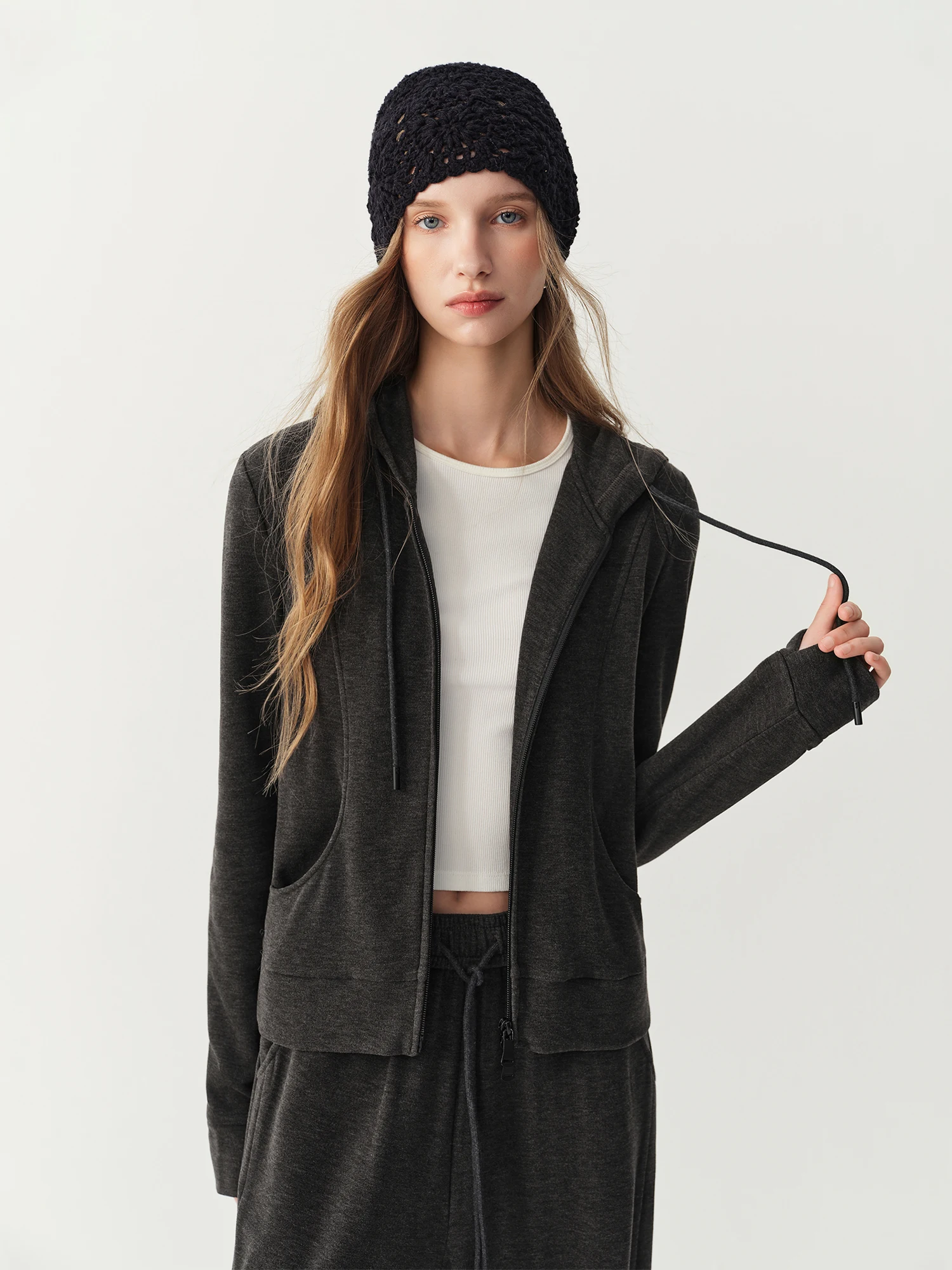 FSLE 2026 New Women's Light Sport Style Casual Hooded Knit Cardigan Jacket Two Piece Set with Draped Long Pants Trendy Outfit view 3