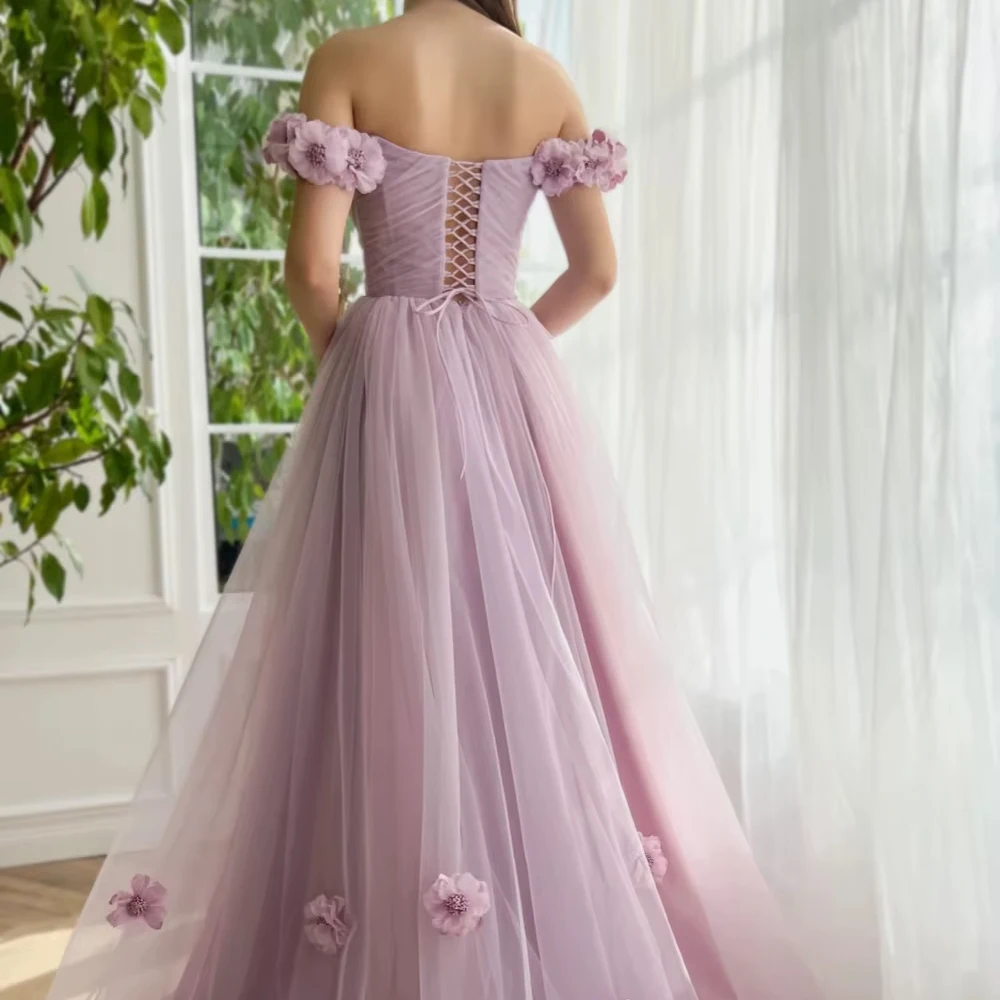 Customized Light Purple 3D Floral Wedding Dress For Woman With Slit Off Shoulder A-line Tulle Long Gown New Long Bridal Gown
