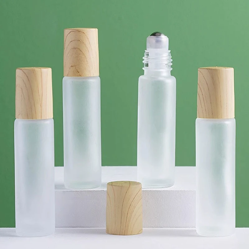 5ml10ml Frosted Glass Roller Bottle Wood Grain Plastic Cap For Essential Oils Roll-On Bottle With Stainless Steel Roller Ball