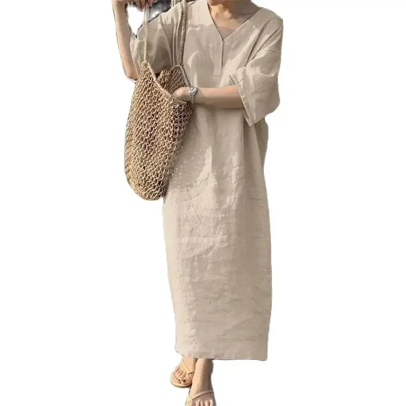 

Women Solid Color Cotton Linen Long Dress V Neck Pullover Half Sleeve Dresses Comfortable Casual Gown Female Straight Frock 2024