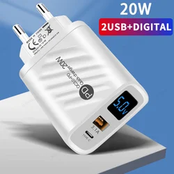 PD 20W USB C 충전기, 디지털 디스플레이, 빠른 고속 충전, 휴대폰 벽 어댑터, 아이폰 16, 15 프로, 샤오미, 삼성용