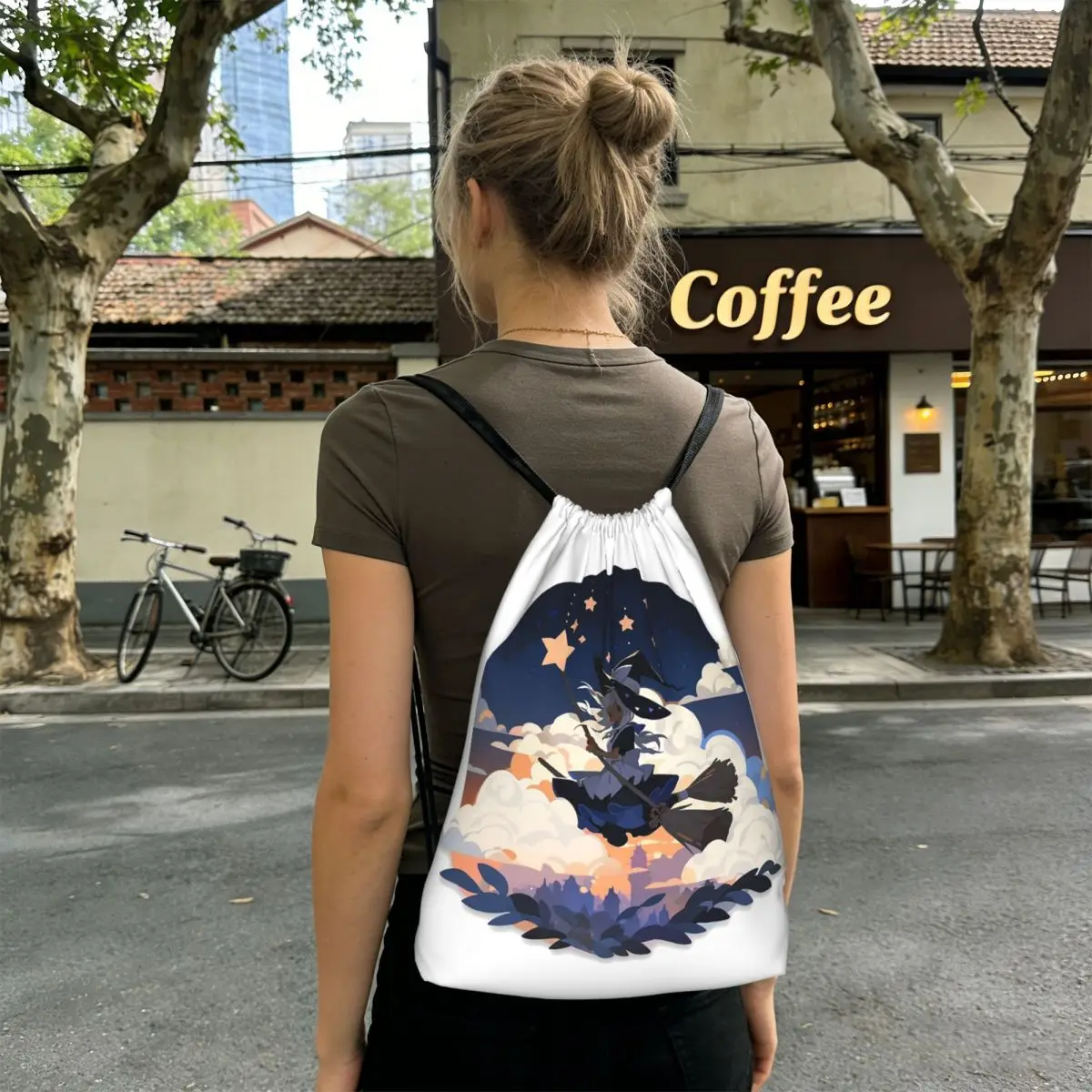 Flying Witch And Bat In The Sky Backpacks Portable Drawstring Bundle Pocket Sports Bag Book Bags for Travel Students