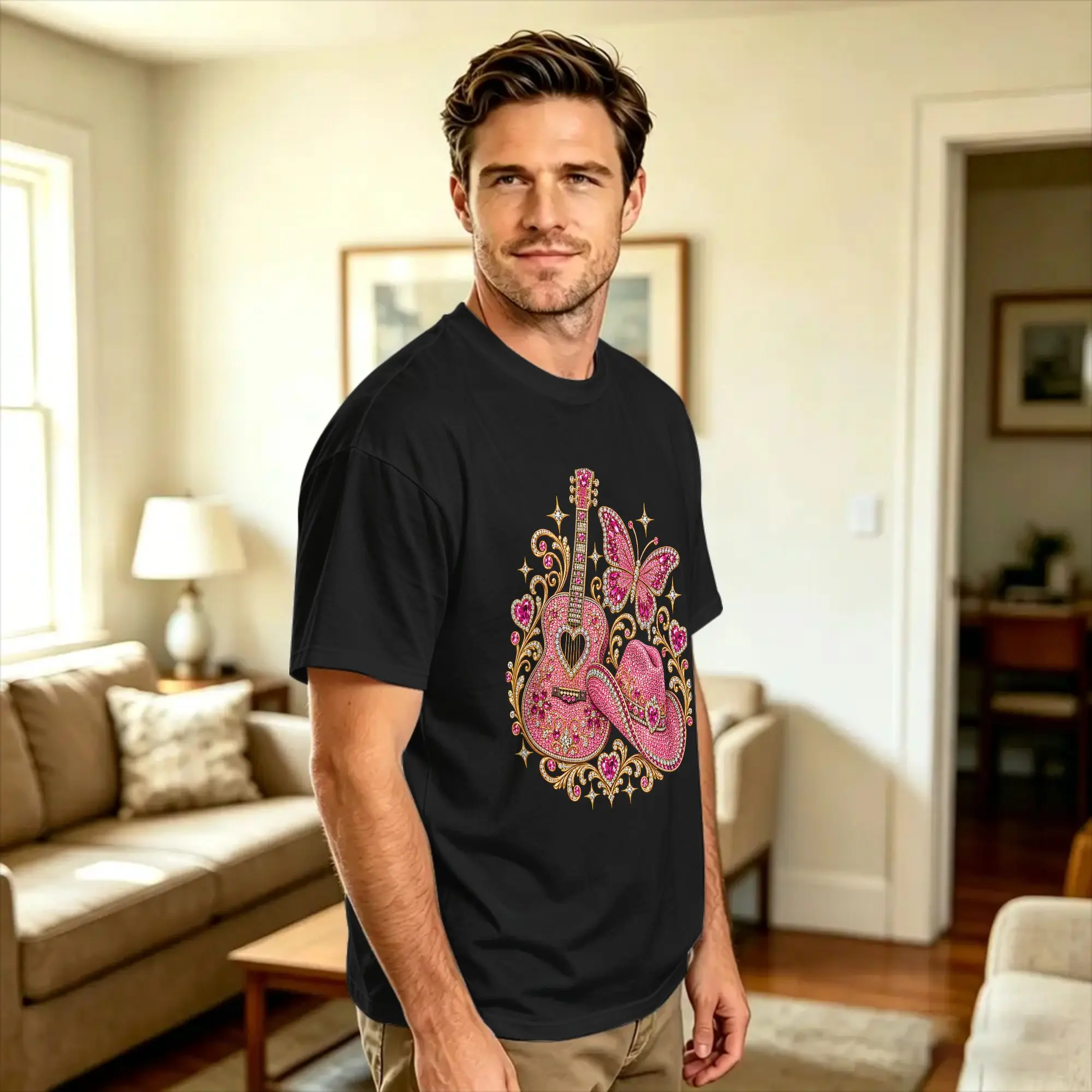 Oversized T-Shirt Beach Pink Bling Cowgirl Western Guitar Glam Butterfly Rodeo Music Hip Hop T Shirts  Cotton Tshirt for Mens