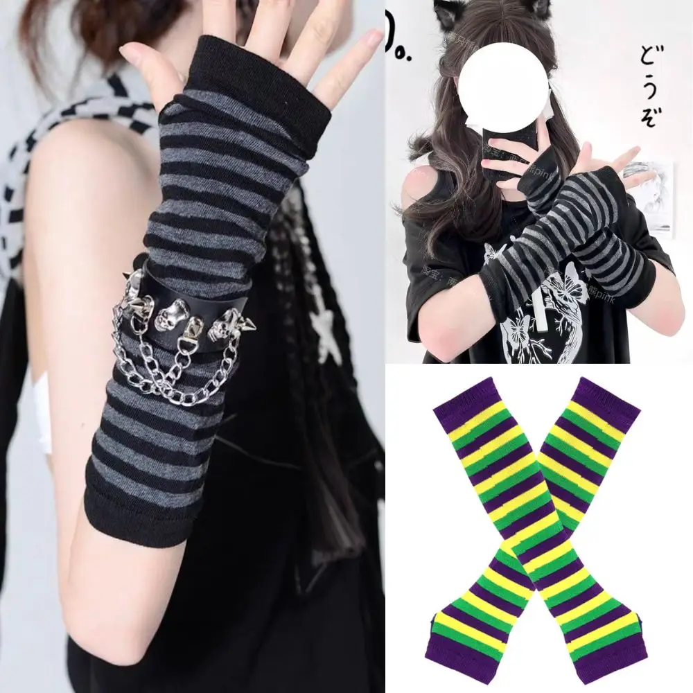 Macaroon Color Striped Long Sleeves Fashion Punk Long Fingerless Gloves For Women Men Outdoor Christmas Ornament  Arm Warmer