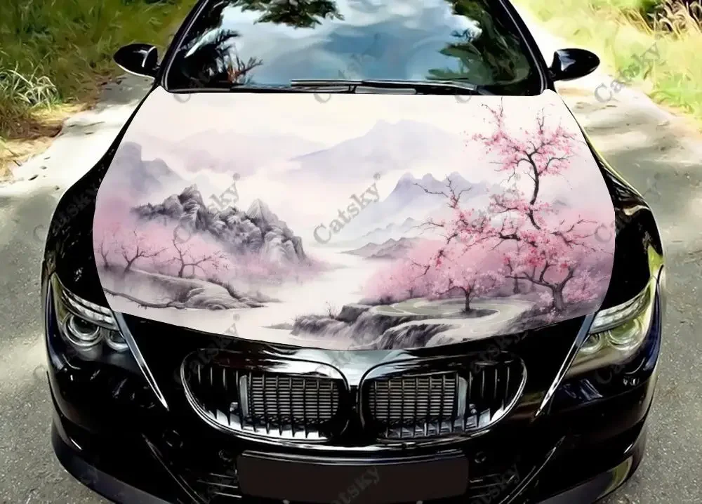 

Mountain with Blossom Car Hood Vinyl Stickers Wrap Vinyl Film Engine Cover Decals Sticker on Car Auto Accessories