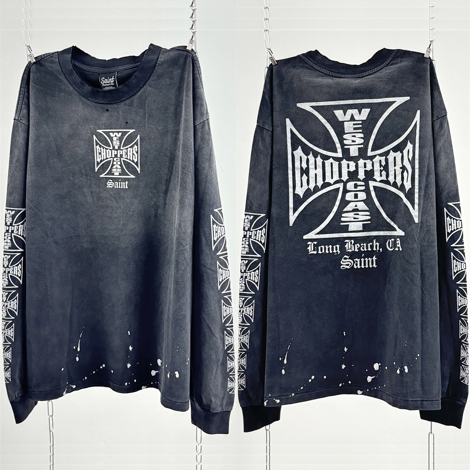 

Washed Saint West Coast Choppers Long Sleeves T-shirt Men Women Best Quality Cross Print Tops Tee T Shirt
