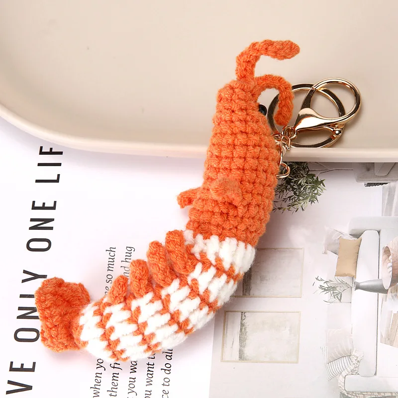 Cute Shrimp Charm Keychains Mini Hand Knitted Car Keyring Lovely Backpack Handbag Pendant Couple Keyholder