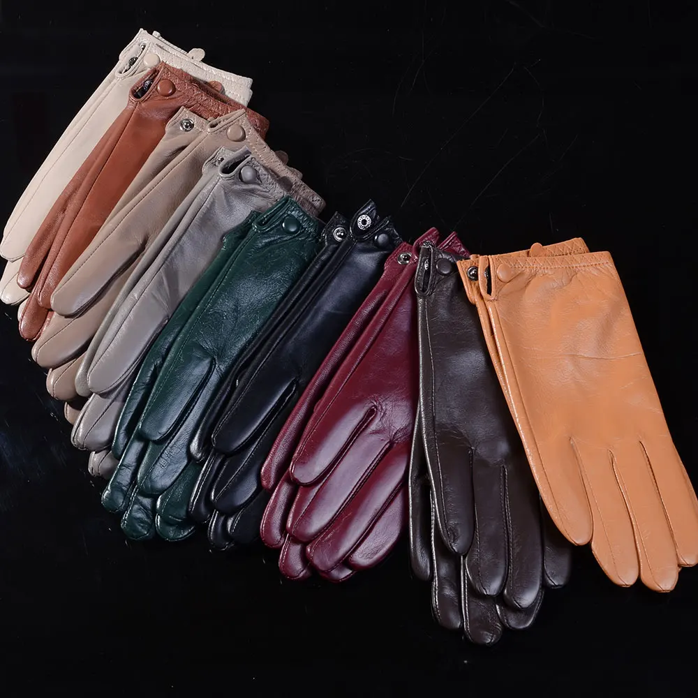 Women's Ladies Genuine Leather Thin Lining Goat Skin Shrink Wrist Touch Screen Casual Riding Tactical Short Gloves