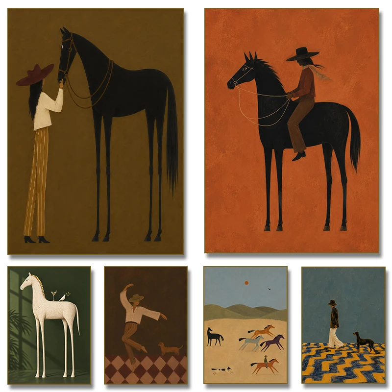 Modern Minimalist Western Equestrian Rider Wall Art Canvas Painting Cowboy on Horse Neutral Poster for Living Room Home Decor