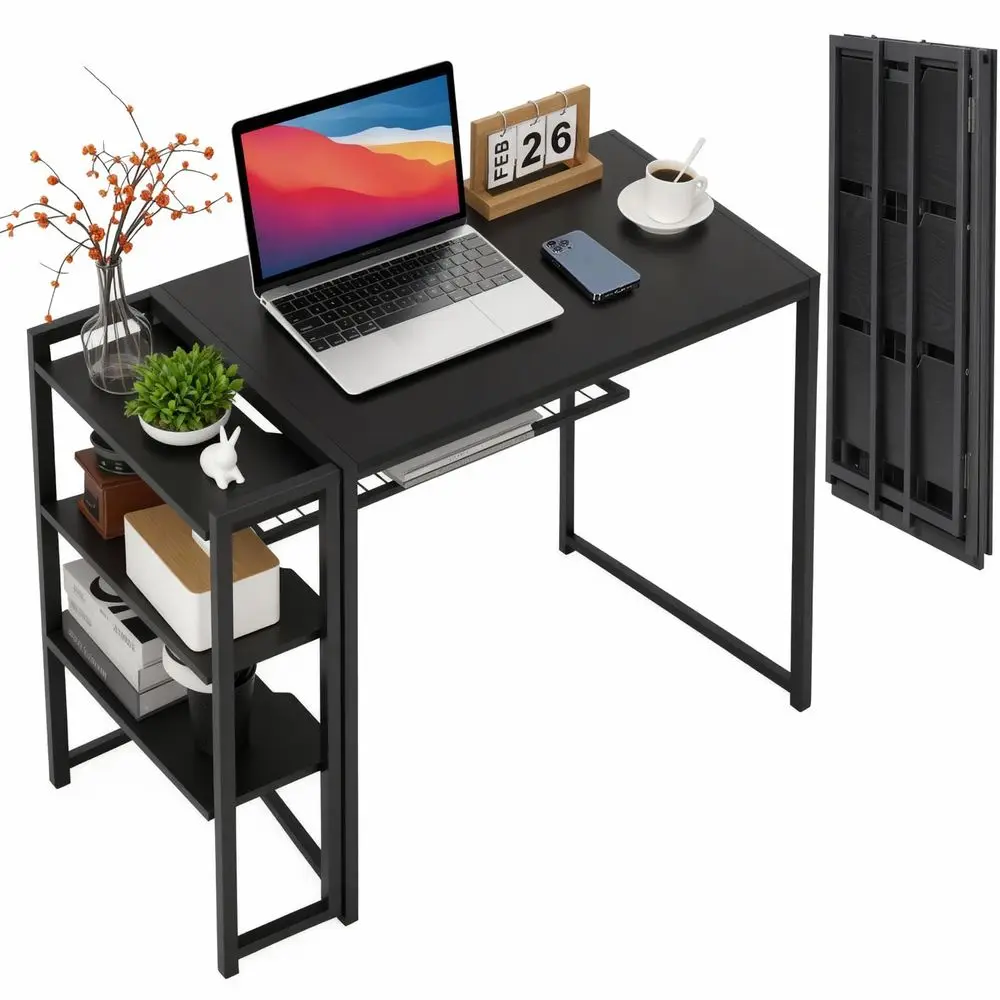 

38.6 inch Folding Desk Writing Computer Desk with Storage Shelf,Spaces Saving Writing Sturdy Table No Assembly,for for Bedroom,