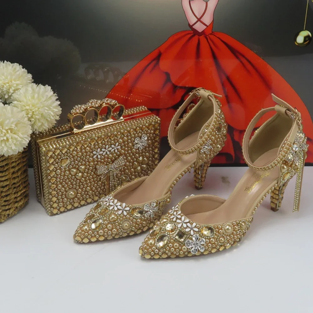 New Pointed Toe Bridal wedding shoes and Bag Champagne Gold Crystal Party Shoes Ankle Strap Thin High Bowknot Pumps and Handbag