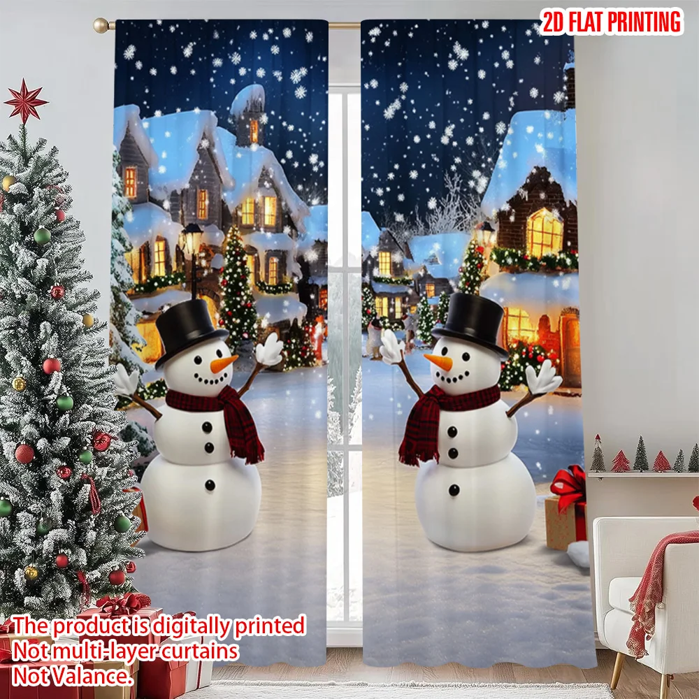 

2pcs 2D flat printing Merry Christmas Curtains Winter Town Snowman Scene1 Versatile Durable Polyester Without Electricity