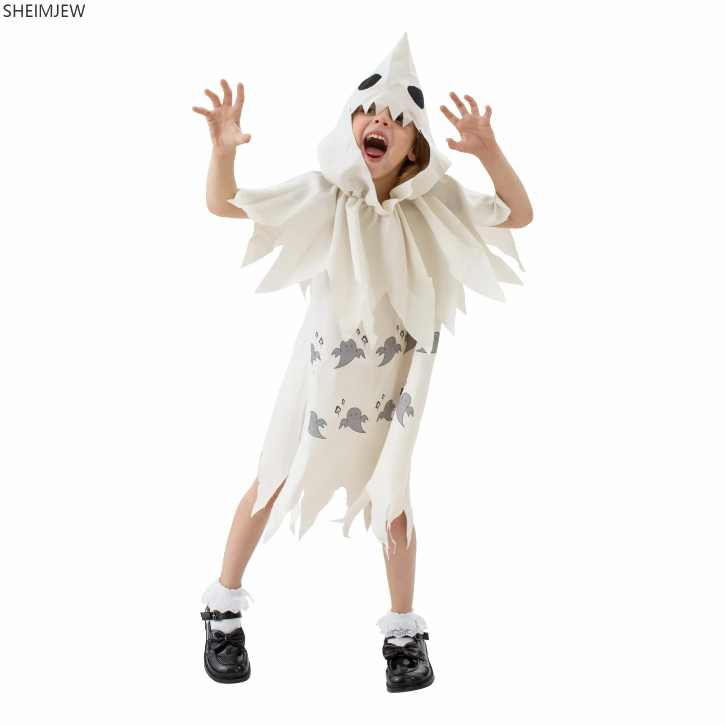 New Children's Halloween Party Horror Role-playing Ghost Face White Little Ghost Head Cover Cloak Stage Boy Performance Costume