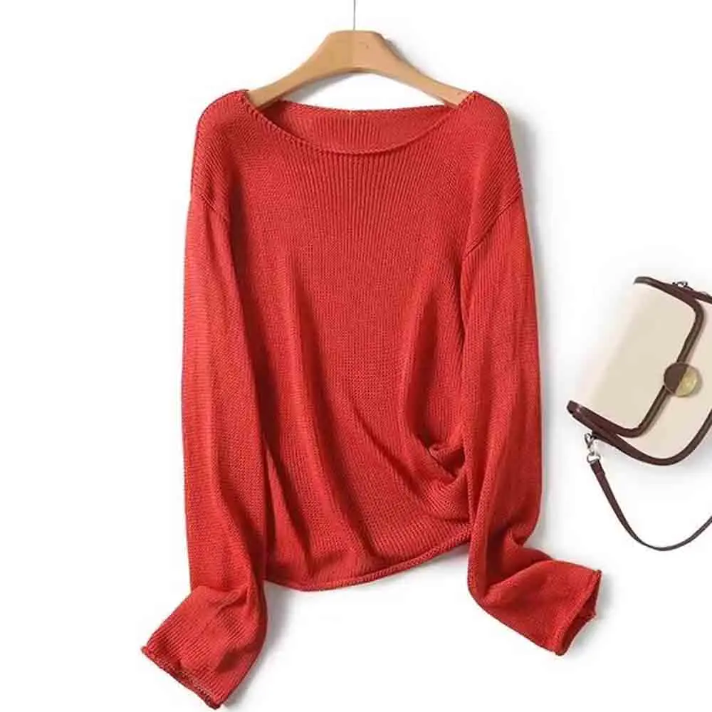 

Women autumn 2024 new fashion minimalist light knit pullover retro long sleeve chic round neck Joker casual sweater top Mujer