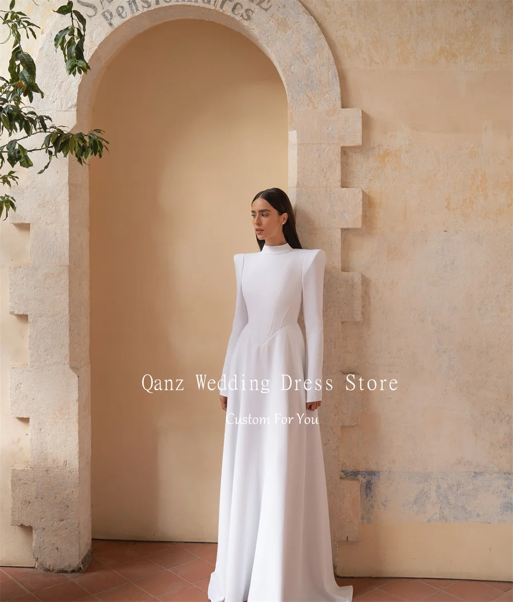 Qanz فستان زفاف أنيق طويل على شكل حرف A للنساء برقبة عالية من الساتان وأكمام طويلة زي العرائس Vestidos De Novia Boda 2025 مخصص