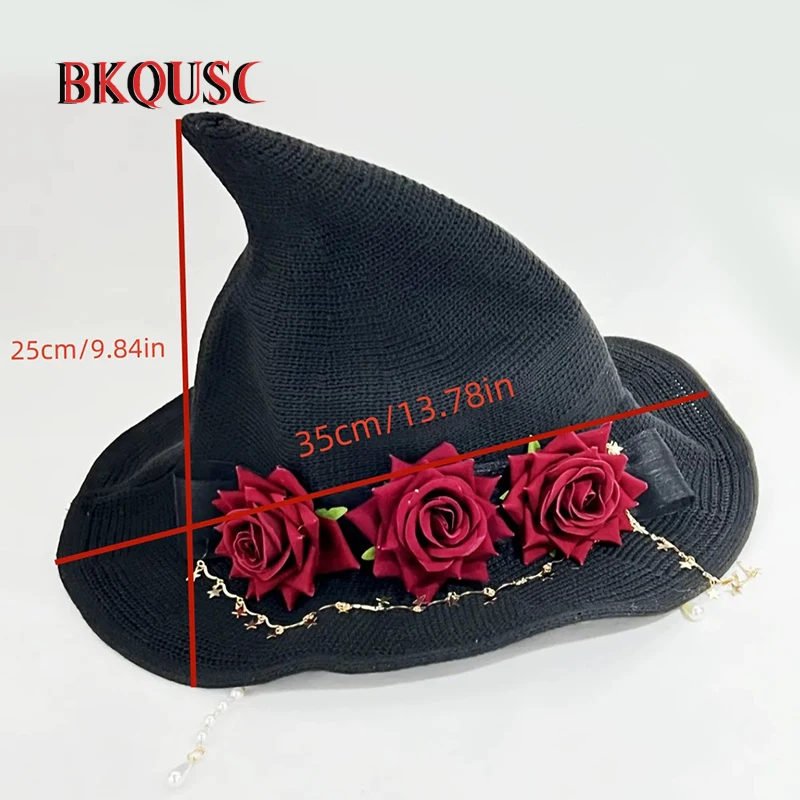 BKQUSC Original Design Women's Knitted Witch Hat with Rose Star Chain Cosplay Cap Elegant Magical Hat for Halloween Party