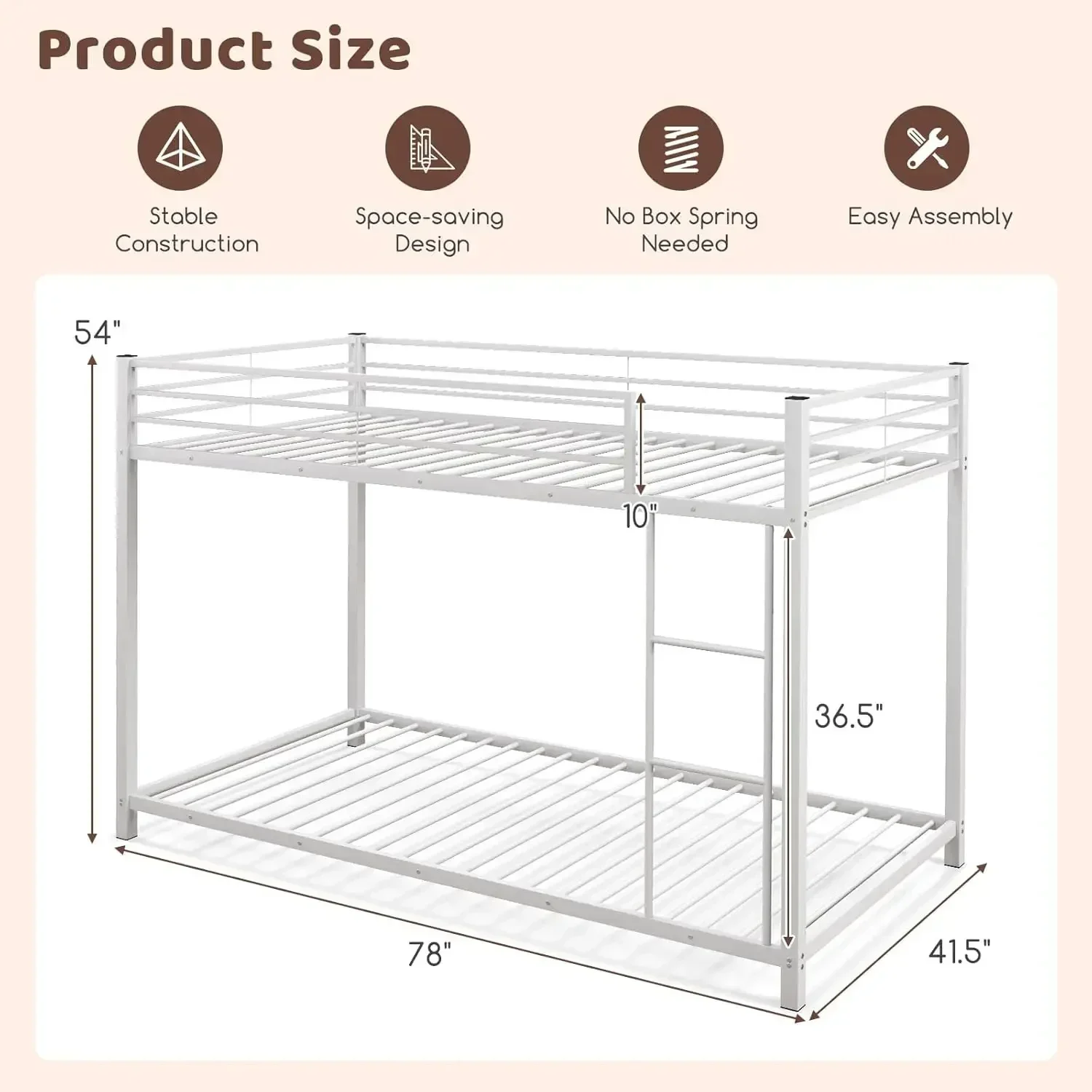 White Twin Over Twin Metal Bunk Beds, Heavy Duty Bed Frame with Safety Guard Rail & Ladder, Low Floor Bunk Bed for Boys Girls Ad