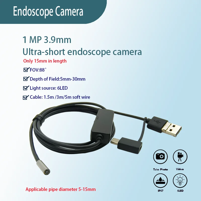 1MP Ultra-Short Endoscope,3.9mm Macro Lens,88° Field of View,IP67 Waterproof3-in-1 USB Interface,Industrial Swiveling Endoscope