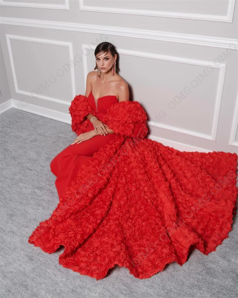 OIMG Flwoers Vestido de fiesta de boda, Vestido de noche rojo, Vestido de baile de novia, tren de corte, princesa sin tirantes, talla grande