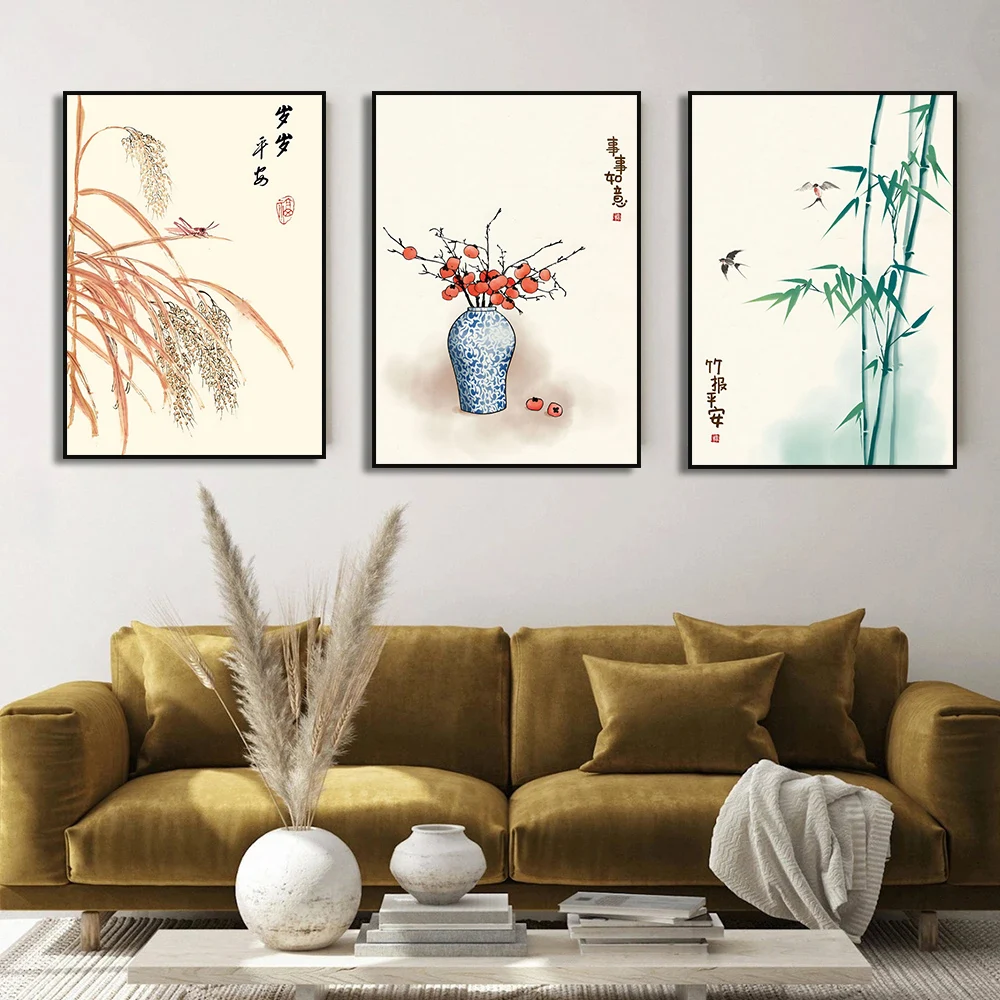 Japan Ukiyo E Chinese Landscape Bird Crane River Bamboo Lotus Flower Calligraphy Canvas Painting Poster Wall Art Home Decor