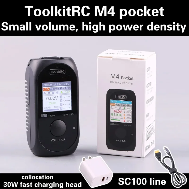 ToolkitRC M4Pocket DC 80W 5A XT30 XT60 Input USB-C Input/Output Charger for 1-4S LiPo Battery Quick