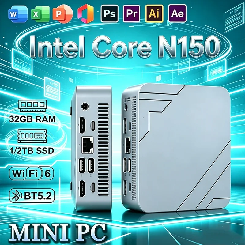 Intel N150 Mini PC High‑Performance Portable Mini PC Win11Pro 32GB RAM 1TB 2TB SSD WIFI6 BT5.2 4K 60Hz HD Gaming Office Study PC