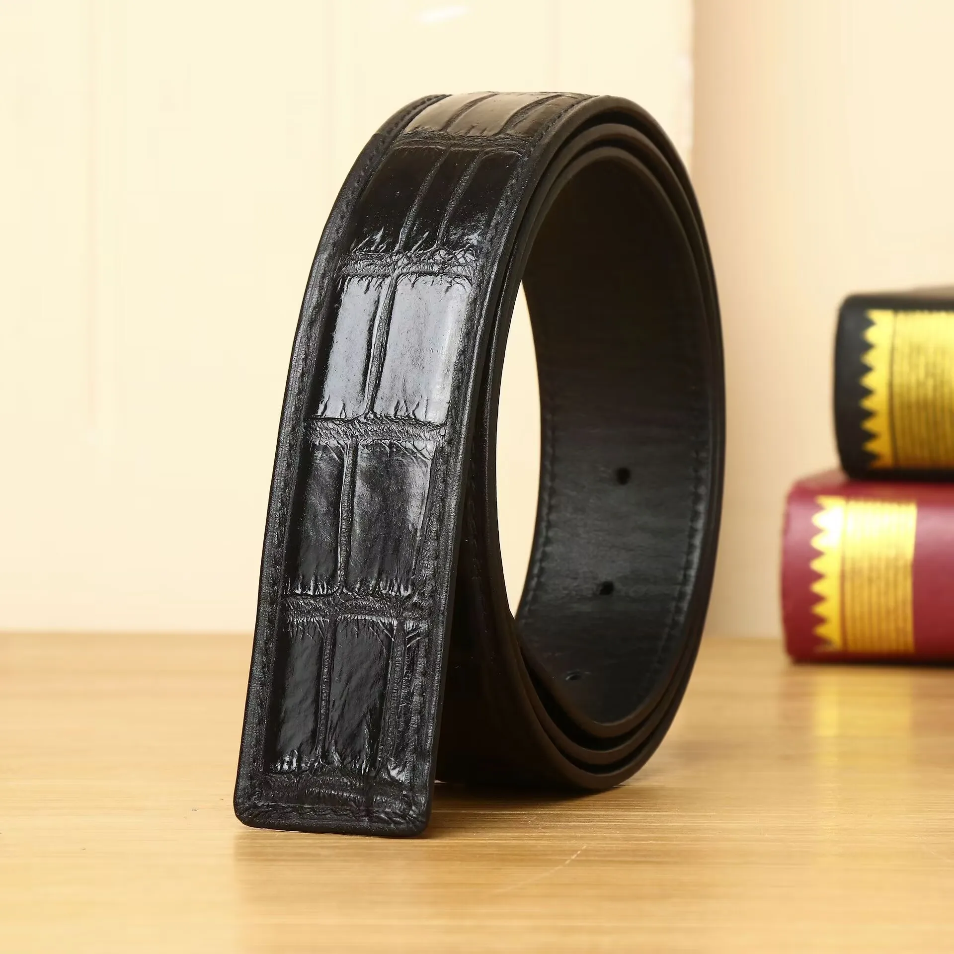 Genuine Crocodile Embossed Cowhide Leather Belt Without Buckle for Men, Business Casual, Smooth Buckle, Trendy Style