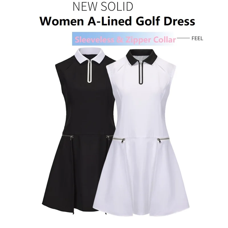Golf Tennis Dress for Women Summer Zipper Collar Sports Short Dresses Ladies Slim Polo Skirts Golf Wear Sportswear XS-XL