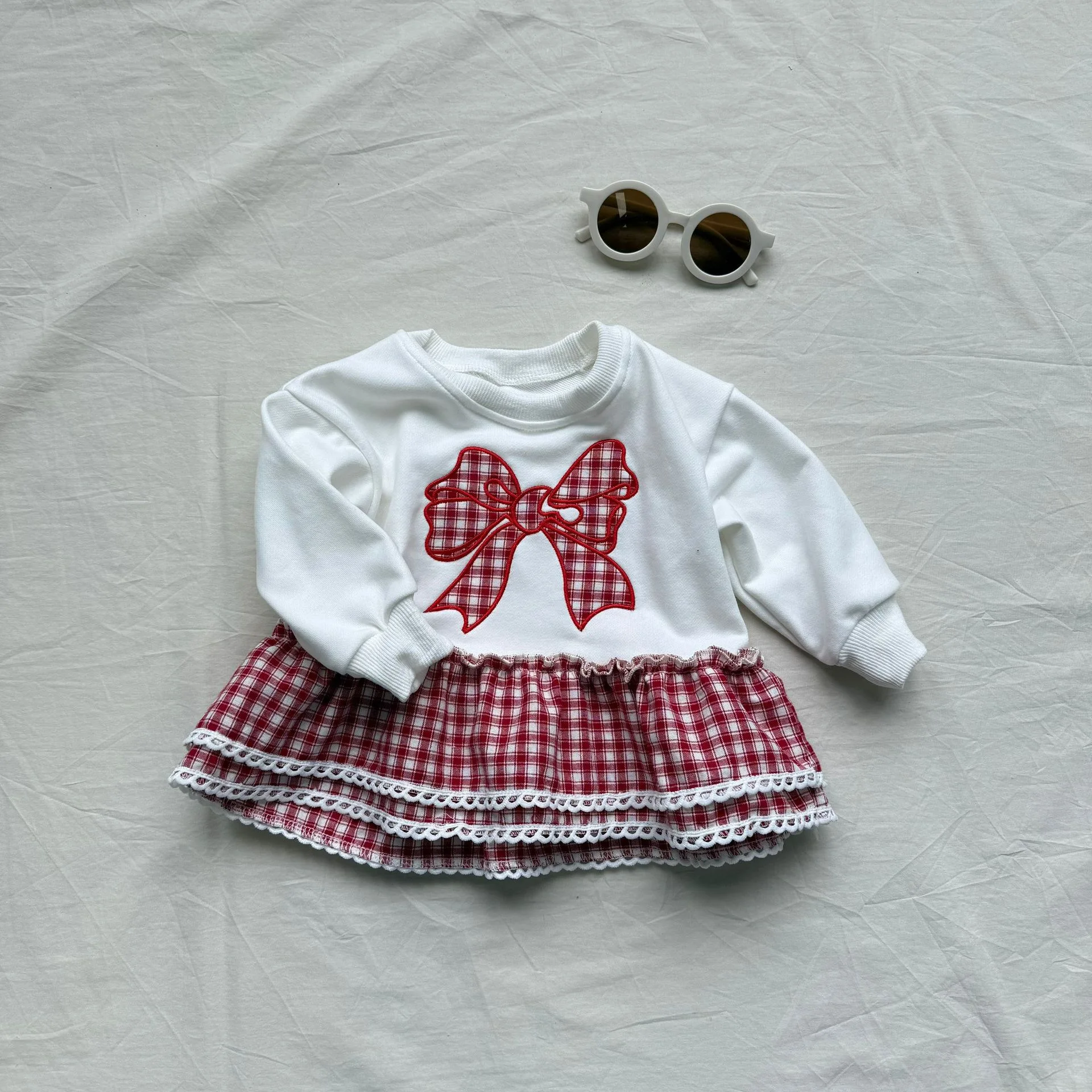 

Korean 2025 New Sweet Girl Children Dress with Big Bow Splicing Plaid Long Sleeved Dress Versatile Dress