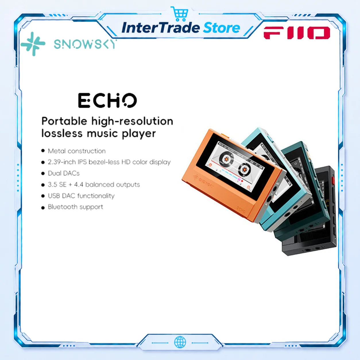 FiiO SnowSky ECHO 휴대용 고해상도 오디오 플레이어 무손실 MP3 DSD WAV CS43198 디코더 블루투스 4GB 음악 플레이어