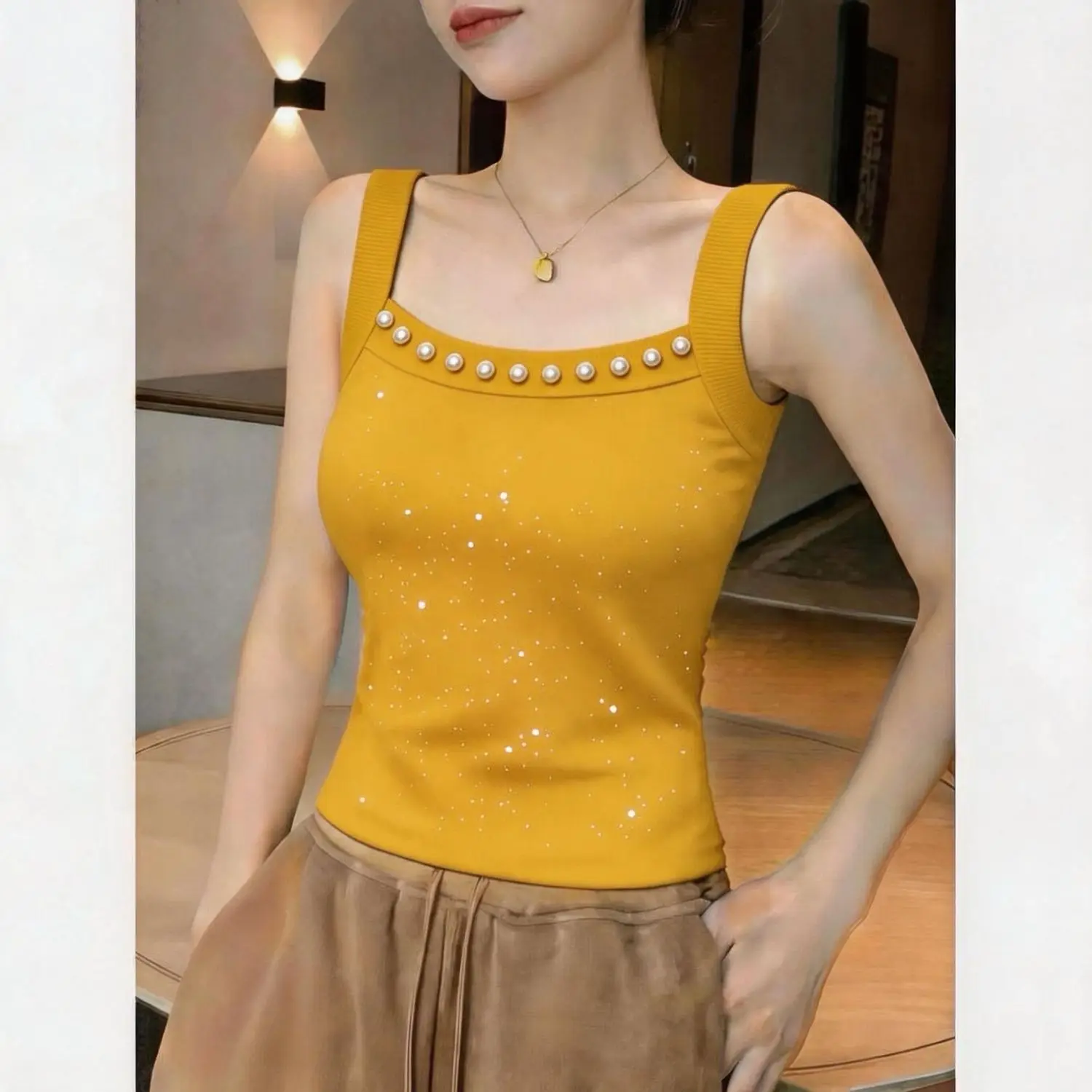 Green Pearl Trimmed Embellished Square Neck Top For Women Trendy Casual Night Out Wear