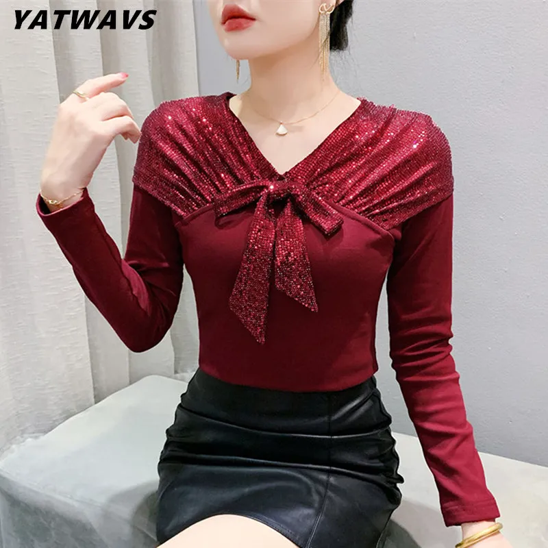 High Quality Fashion Women Luxury Inlay Sequined T-Shirt Sexy V-Neck Long Sleeved Tops Autumn Girl Shiny Bow Cotton Slim Tees